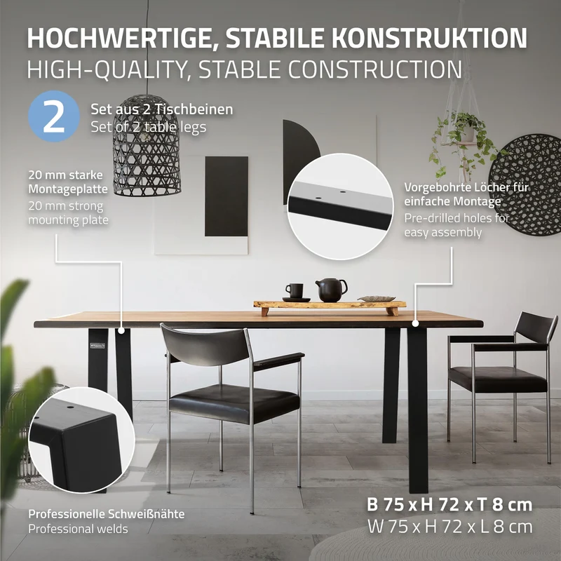 2er Set Tischkufen Loft 75x72 cm Schwarz Profil 8x2 cm aus Stahl U-Form ML-Design
