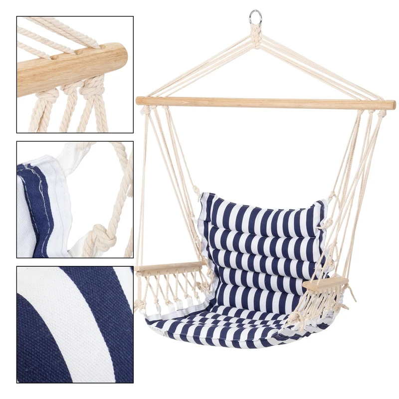 Hängesessel mit Gestell 45x100x43 cm Blau/Weiß aus Baumwolle und Hartholz