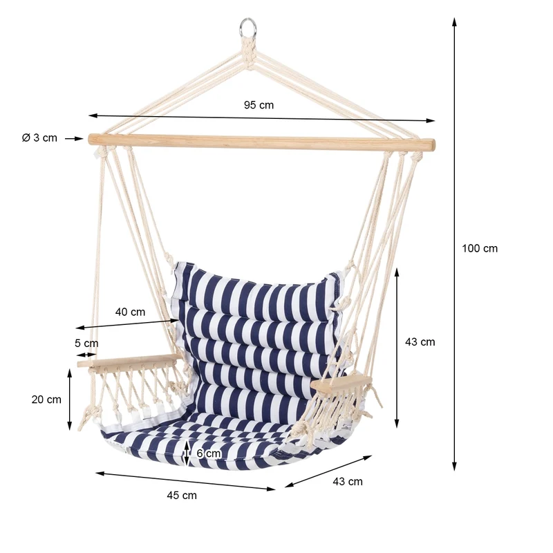 Hängesessel mit Gestell 45x100x43 cm Blau/Weiß aus Baumwolle und Hartholz