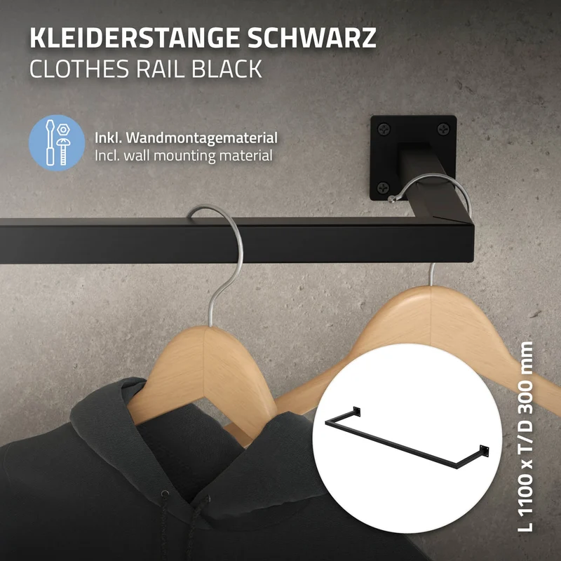 3er Set Kleiderstange Garderobe Wandmontage 30 x 110 cm Schwarz aus Stahl ML-Design