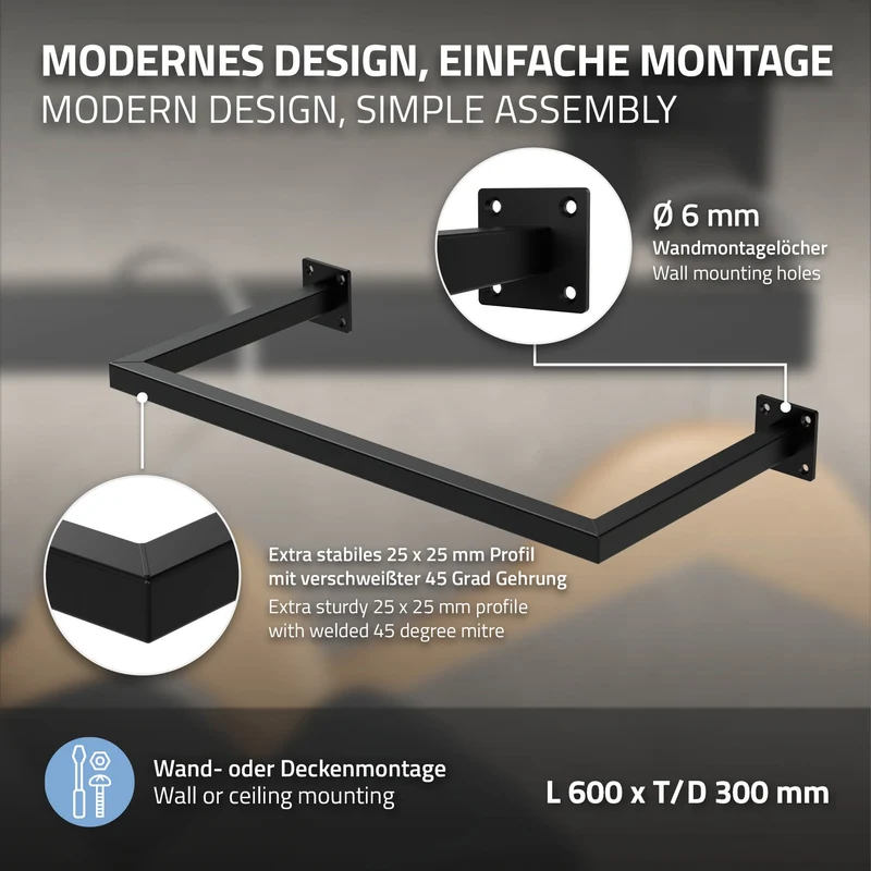 Kleiderstange Garderobe Wandmontage 30 x 60 cm Schwarz aus Stahl ML-Design
