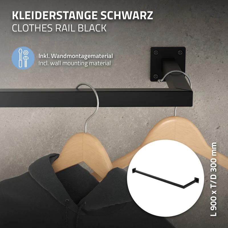 Kleiderstange Garderobe Wandmontage 30x90 cm Schwarz aus Stahl ML-Design