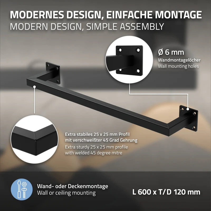 2er Set Kleiderstange Garderobe Wandmontage 12 x 60 cm Schwarz aus Stahl ML-Design