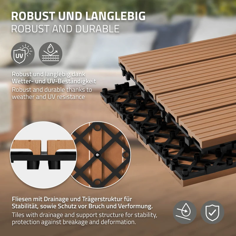 WPC Terrassenfliesen 30x30 cm 44er Set für 4m² Hellbraun in Holzoptik Balkon Bodenbelag mit Drainage und Klicksystem Terrassendielen Balkonfliesen