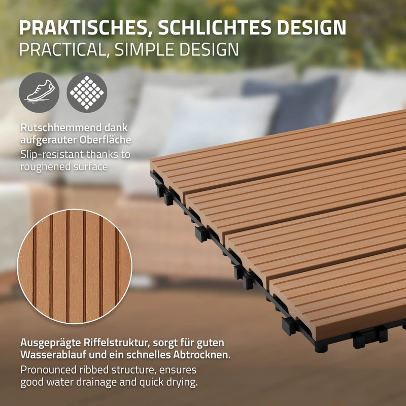 WPC Terrassenfliesen 30x30 cm 33er Set für 3m² Hellbraun in Holzoptik Balkon Bodenbelag mit Drainage und Klicksystem Terrassendielen Balkonfliesen
