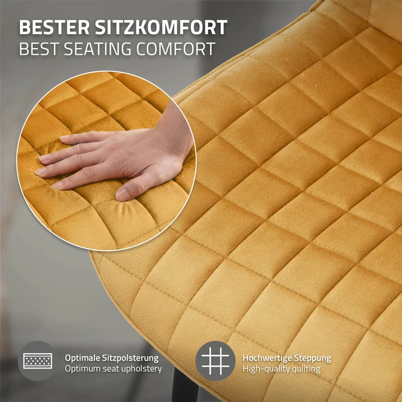 B-Ware Esszimmerstuhl 2er Set Senfgelb mit Samtbezug und Stahlbeinen Küchenstuhl mit Rückenlehne ML-Design