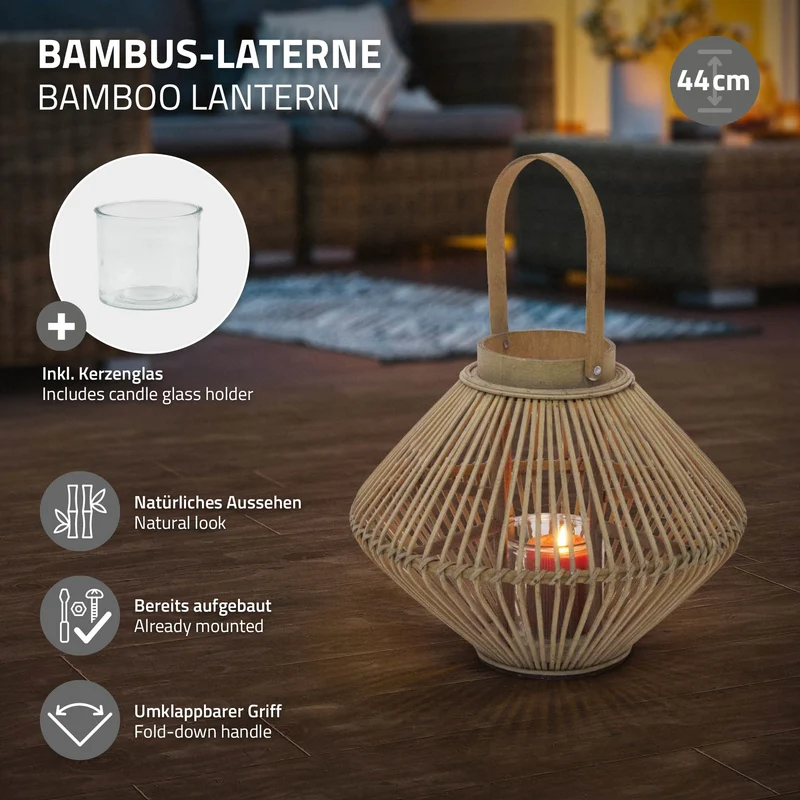 Bambus Laterne, Windlicht H: 44 cm Holzfarbe, Boho Gartenlaterne mit Henkel & Glaseinsatz, Flechtoptik Kerzenhalter