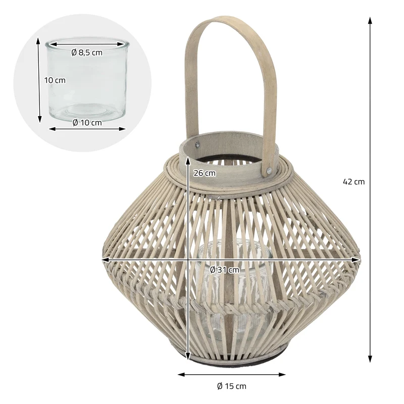 Bambus Laterne, Windlicht H: 42 cm Holzfarbe, Boho Gartenlaterne mit Henkel & Glaseinsatz, Flechtoptik Kerzenhalter