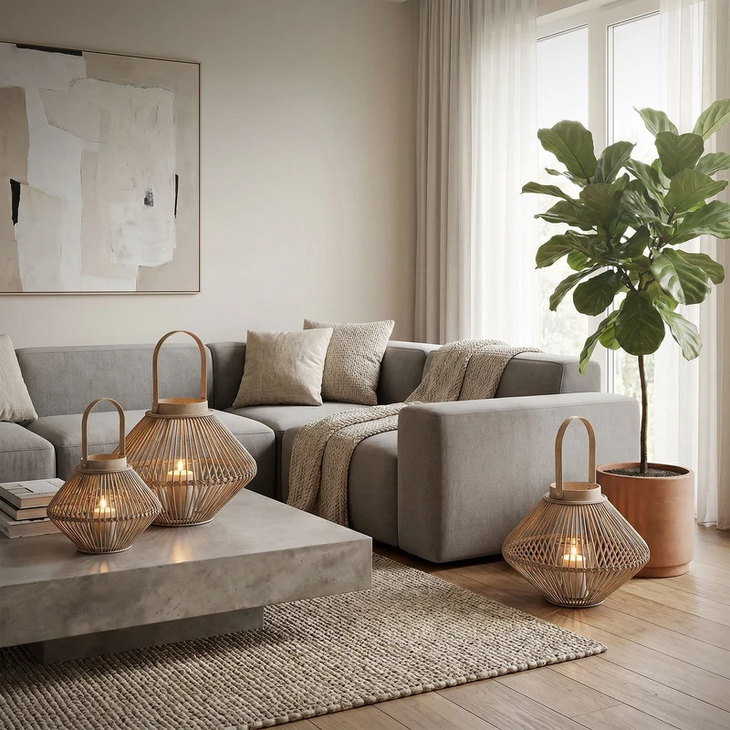 Bambus Laterne, Windlicht H: 42 cm Holzfarbe, Boho Gartenlaterne mit Henkel & Glaseinsatz, Flechtoptik Kerzenhalter