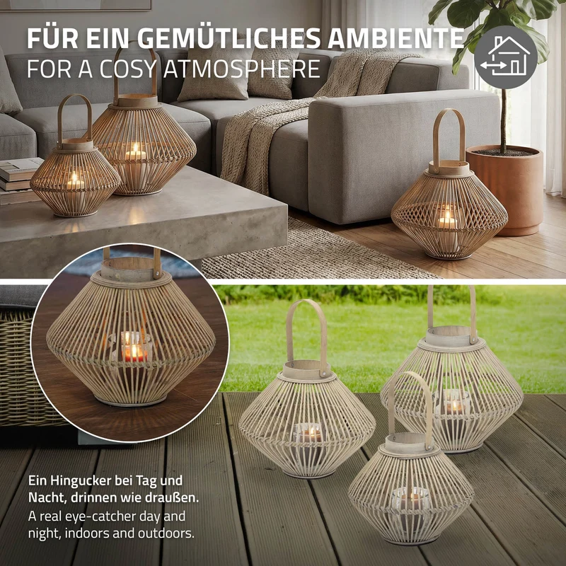 Bambus Laterne, Windlicht H: 47 cm Holzfarbe, Boho Gartenlaterne mit Henkel & Glaseinsatz, Flechtoptik Kerzenhalter