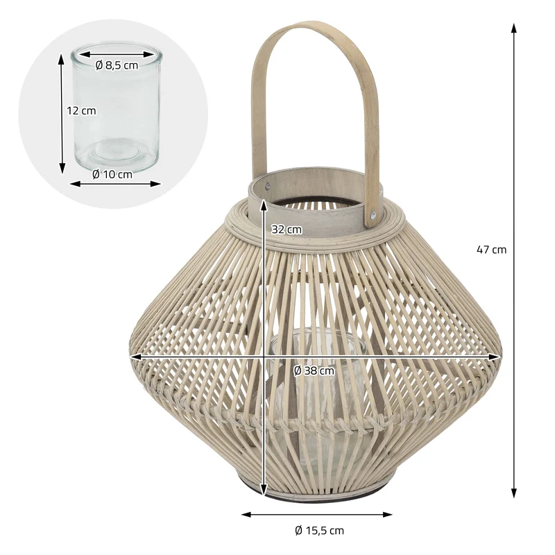 Bambus Laterne, Windlicht H: 47 cm Holzfarbe, Boho Gartenlaterne mit Henkel & Glaseinsatz, Flechtoptik Kerzenhalter