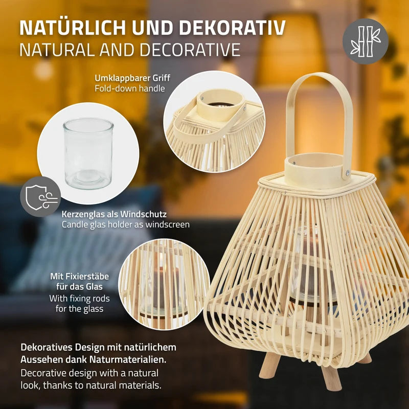 Bambus Laterne, Windlicht H: 45,5 cm Holzfarbe, Boho Gartenlaterne mit Henkel & Glaseinsatz, Flechtoptik Kerzenhalter