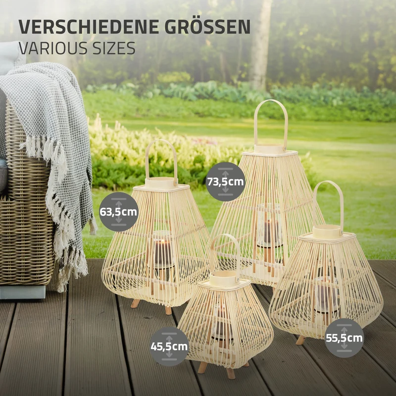 Bambus Laterne, Windlicht H: 45,5 cm Holzfarbe, Boho Gartenlaterne mit Henkel & Glaseinsatz, Flechtoptik Kerzenhalter