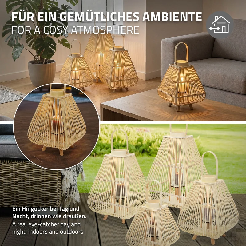 Bambus Laterne, Windlicht H: 55,5 cm Holzfarbe, Boho Gartenlaterne mit Henkel & Glaseinsatz, Flechtoptik Kerzenhalter