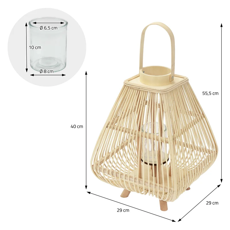 Bambus Laterne, Windlicht H: 55,5 cm Holzfarbe, Boho Gartenlaterne mit Henkel & Glaseinsatz, Flechtoptik Kerzenhalter