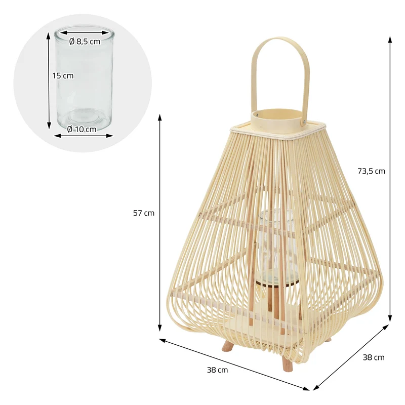 Bambus Laterne, Windlicht H: 73,5 cm Holzfarbe, Boho Gartenlaterne mit Henkel & Glaseinsatz, Flechtoptik Kerzenhalter