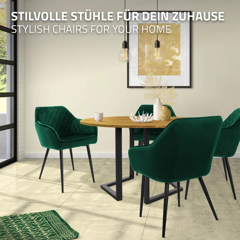 Esszimmerstuhl 4er Set Rauten Steppung mit Rücken- und Armlehnen Dunkelgrün Küchenstuhl mit Microfaser-Samtbezug ML-Design