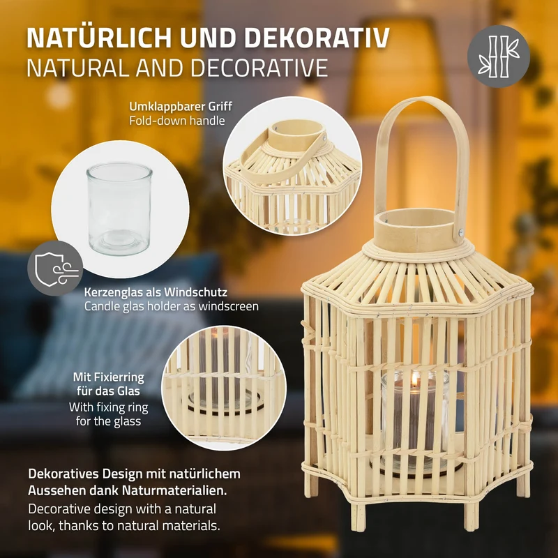 Bambus Laterne, Windlicht H: 45 cm Holzfarbe, Boho Gartenlaterne mit Henkel & Glaseinsatz, Flechtoptik Kerzenhalter