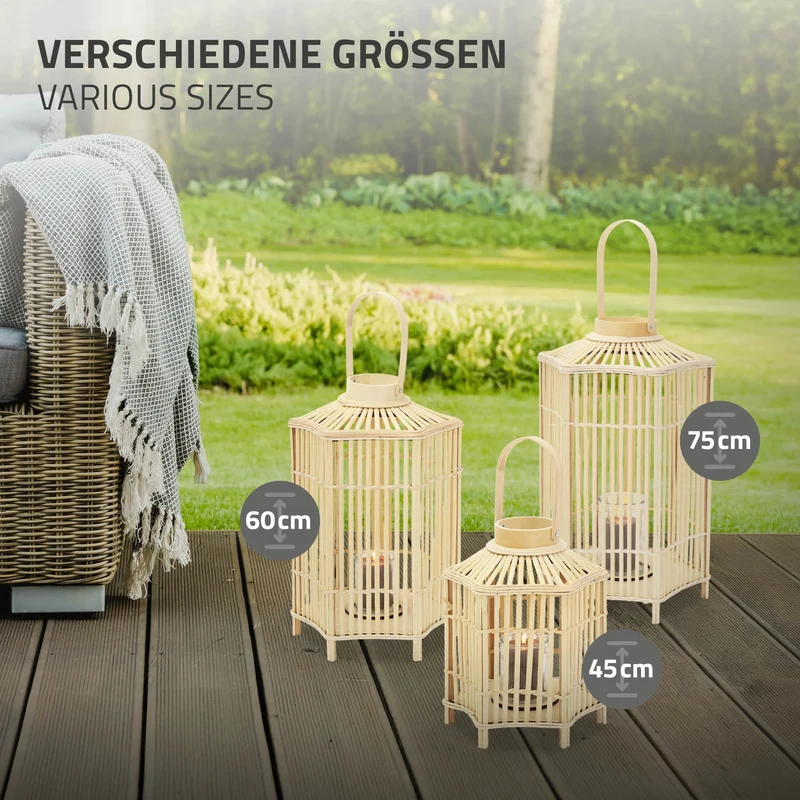 Bambus Laterne, Windlicht H: 45 cm Holzfarbe, Boho Gartenlaterne mit Henkel & Glaseinsatz, Flechtoptik Kerzenhalter