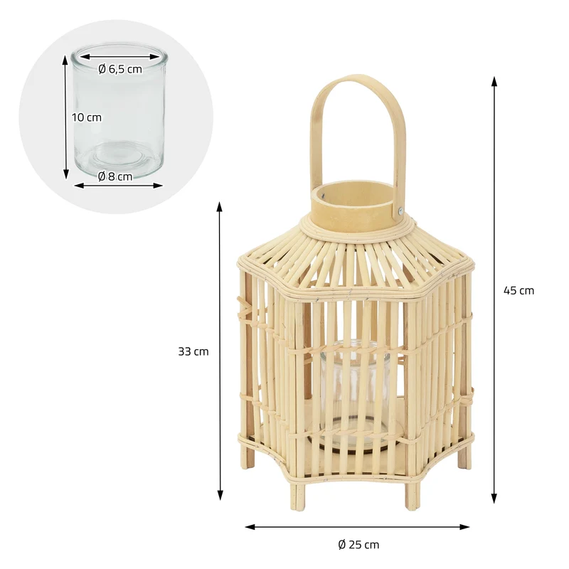 Bambus Laterne, Windlicht H: 45 cm Holzfarbe, Boho Gartenlaterne mit Henkel & Glaseinsatz, Flechtoptik Kerzenhalter
