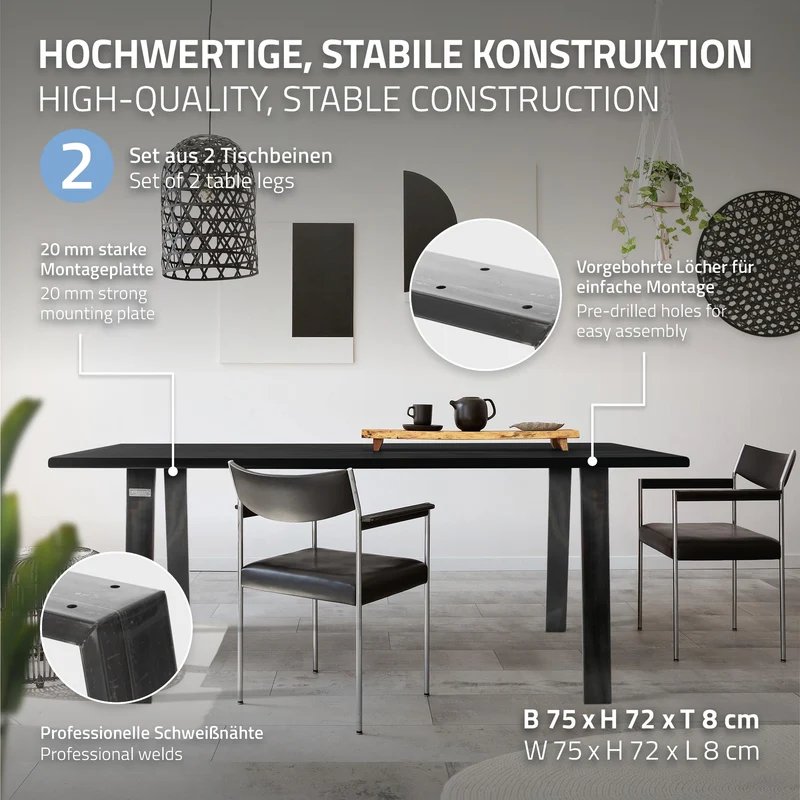 2er Set Tischbeine Loft 75x72 cm Profil 8x2cm aus Stahl U-Form ML-Design