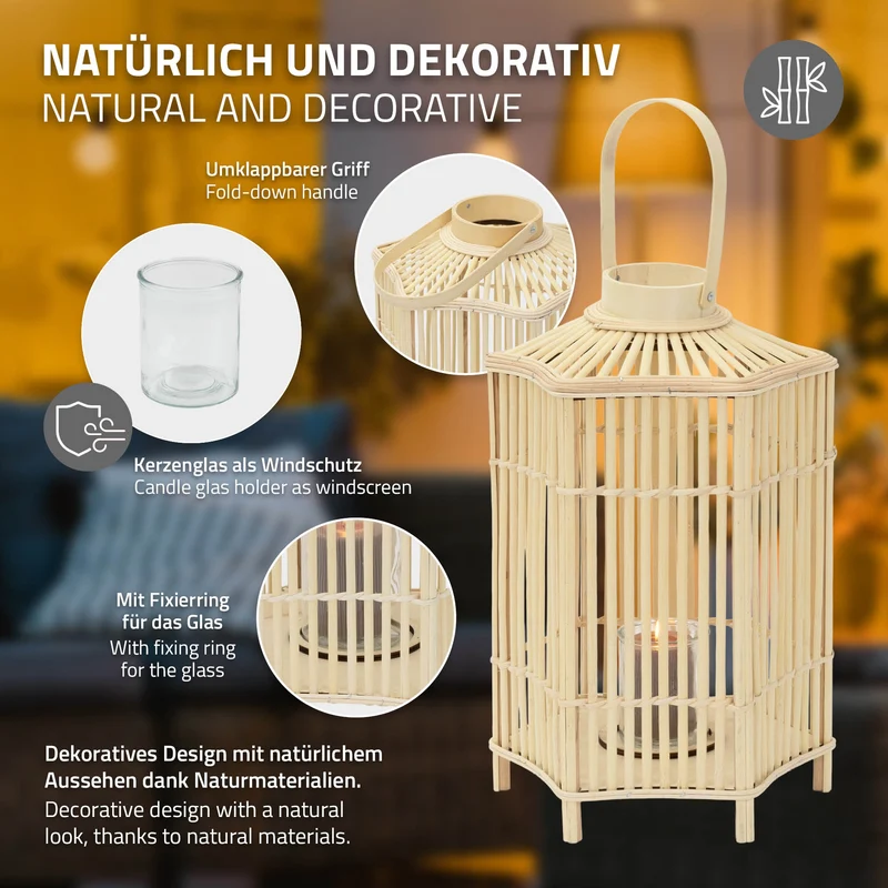 Bambus Laterne, Windlicht H: 60 cm Holzfarbe, Boho Gartenlaterne mit Henkel & Glaseinsatz, Flechtoptik Kerzenhalter