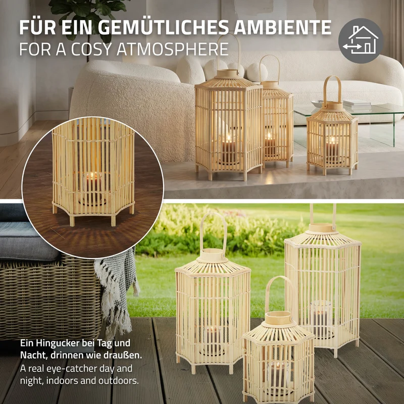 Bambus Laterne, Windlicht H: 60 cm Holzfarbe, Boho Gartenlaterne mit Henkel & Glaseinsatz, Flechtoptik Kerzenhalter