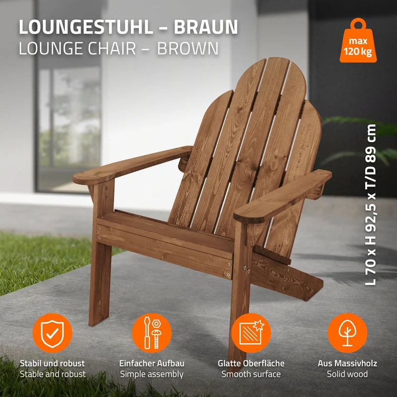 Adirondack Gartenstuhl aus Massivholz wetterfest belastbar bis 120 kg Braun aus Tannenholz ML-Design