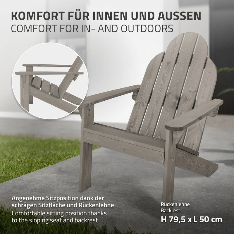 Gartenstuhl Adirondack Sonnenstuhl Gartensessel wetterfest aus Massivholz bis 120 kg Grau