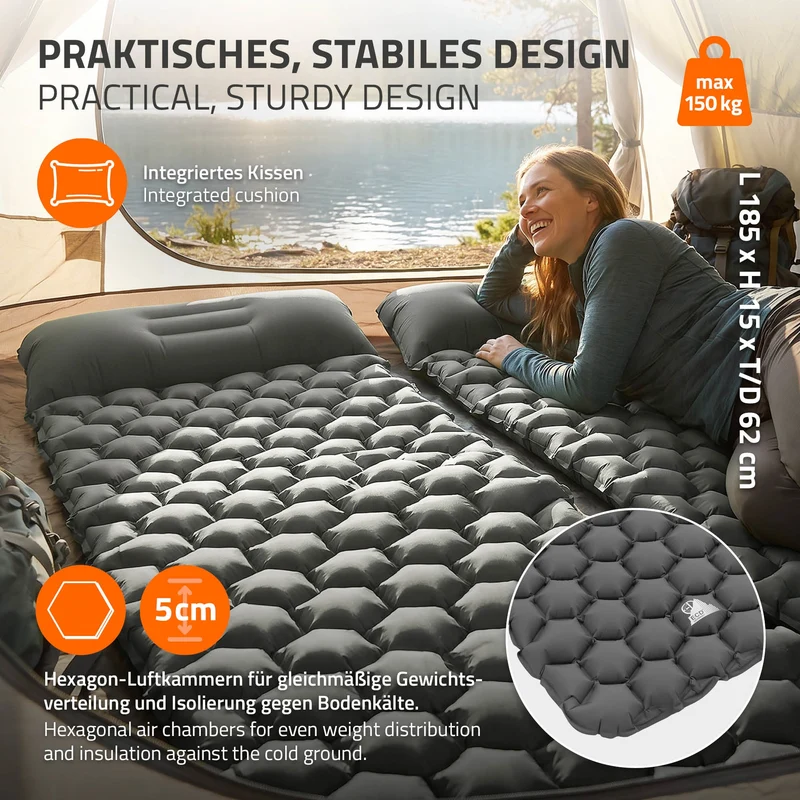 Isomatte Camping, Campingmatte aufblasbar, Grau, Luftmatratze Outdoor mit integriertem Kopfkissen, Ultraleicht, Kompakt & Faltbar