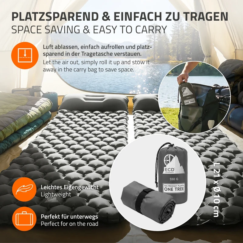 Isomatte Camping, Campingmatte aufblasbar, Grau, Luftmatratze Outdoor mit integriertem Kopfkissen, Ultraleicht, Kompakt & Faltbar