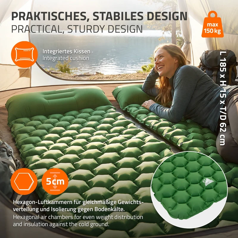 Isomatte Camping, Campingmatte aufblasbar, Grün, Luftmatratze Outdoor mit integriertem Kopfkissen, Ultraleicht, Kompakt & Faltbar