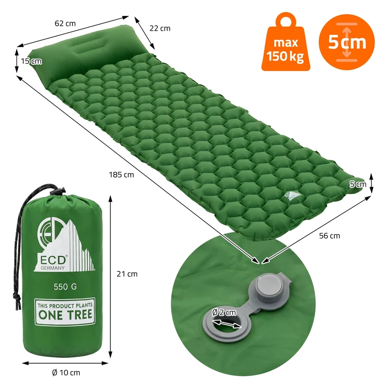 Isomatte Camping, Campingmatte aufblasbar, Grün, Luftmatratze Outdoor mit integriertem Kopfkissen, Ultraleicht, Kompakt & Faltbar