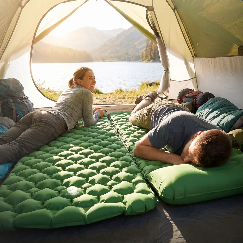 Isomatte Camping, Campingmatte aufblasbar, Grün, Luftmatratze Outdoor mit integriertem Kopfkissen, Ultraleicht, Kompakt & Faltbar