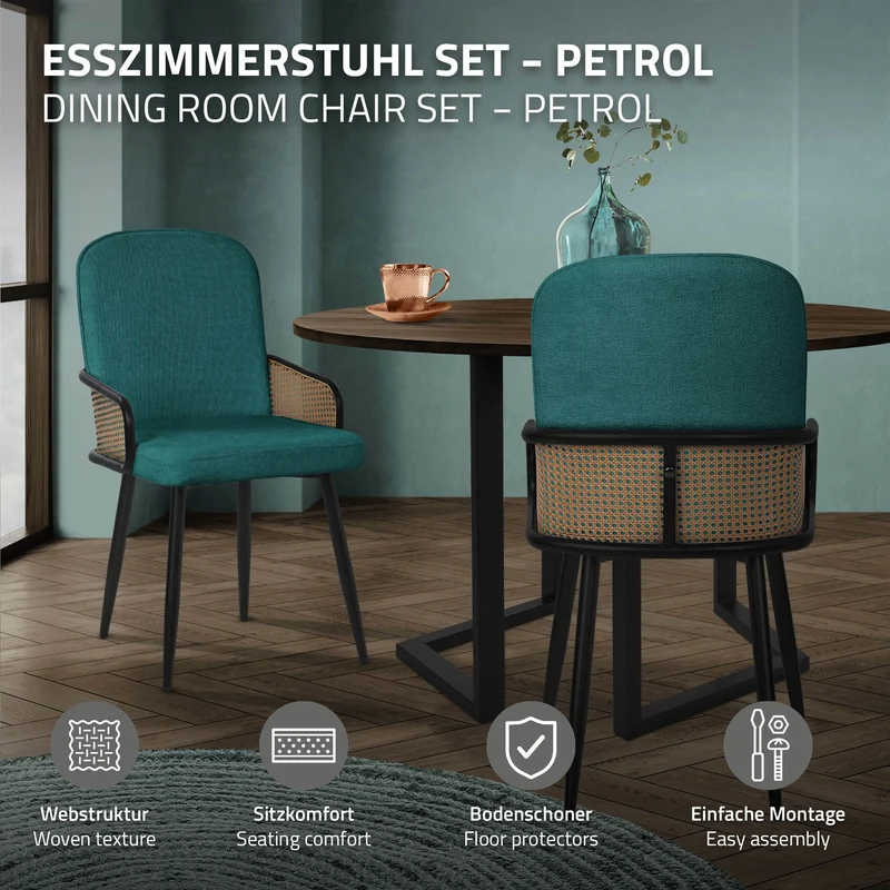 Esszimmerstühle 4er Set Petrol mit Arm- & Rückenlehne, Polsterstühle für Esszimmer & Küche ML-Design