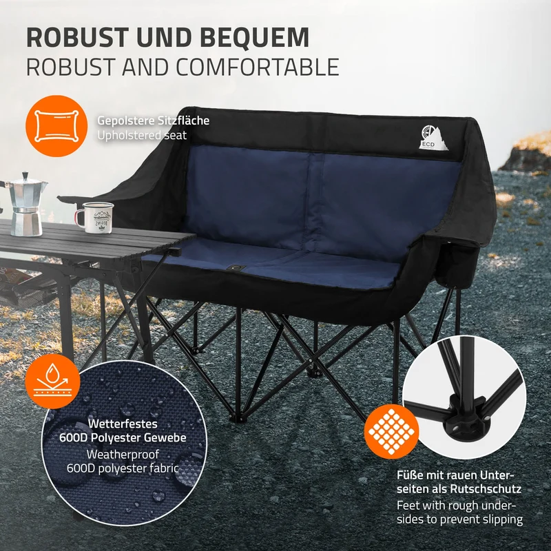 Campingstuhl faltbar für 2 Personen bis 200 kg Blau mit Getränkehalterung und Tragetasche, Doppel Klappstuhl