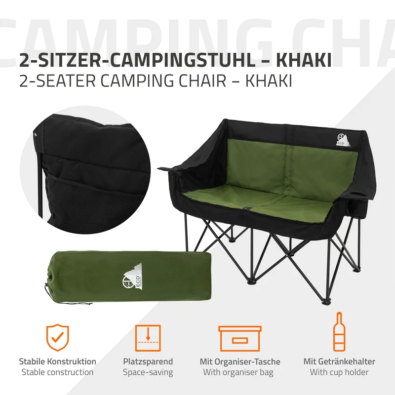 Campingstuhl faltbar für 2 Personen bis 200 kg Khaki mit Getränkehalterung und Tragetasche, Doppel Klappstuhl