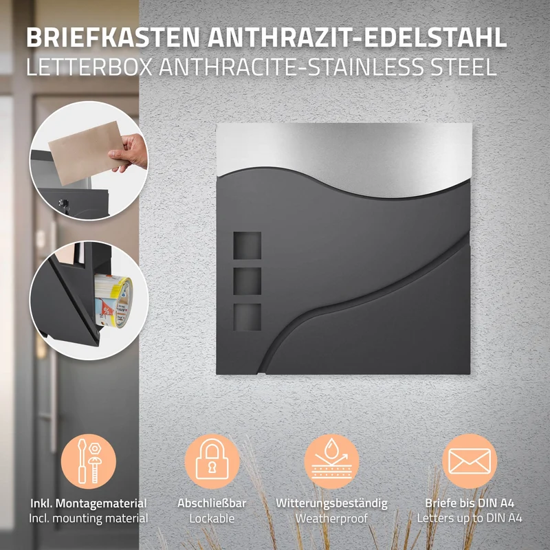 Briefkasten mit Zeitungsfach 37x36,5x10,5 cm Anthrazit/Silber aus Edelstahl