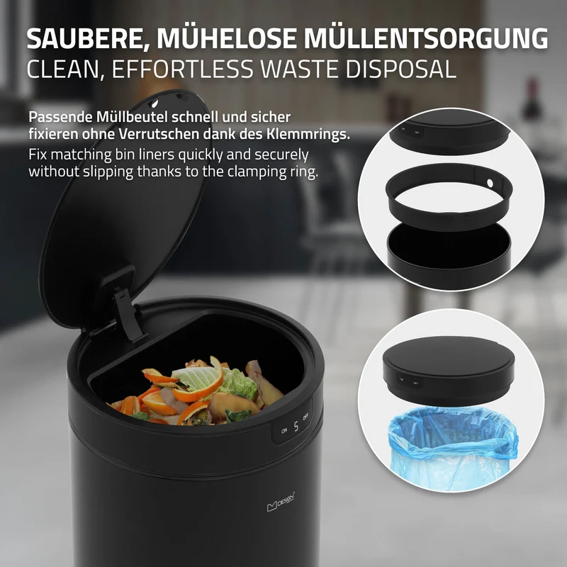 Mülleimer mit Sensor 30L rund aus Stahl Schwarz matt Automatisches Öffnen & Schließen ML-Design