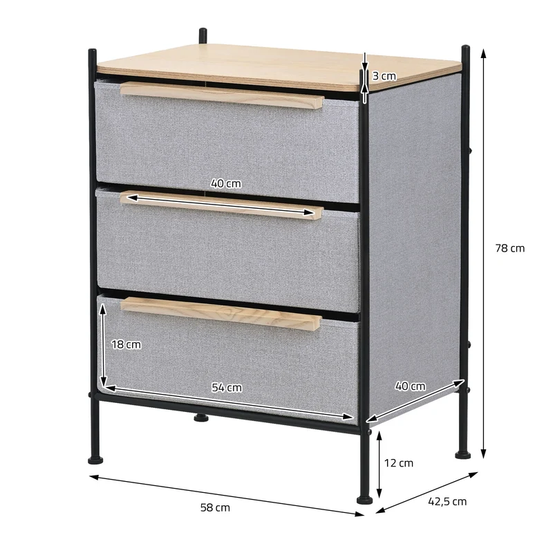 Kommode 58x78x42,5 cm Eiche aus Stahl, MDF mit 3 Stoff Schubladen ML Design