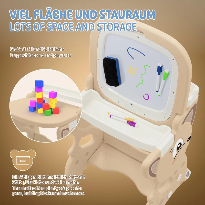 Kindersitzgruppe 3in1 Spieltisch mit 2 Tafeln Kinderhocker und Zubehör Weiß/Braun Joyz