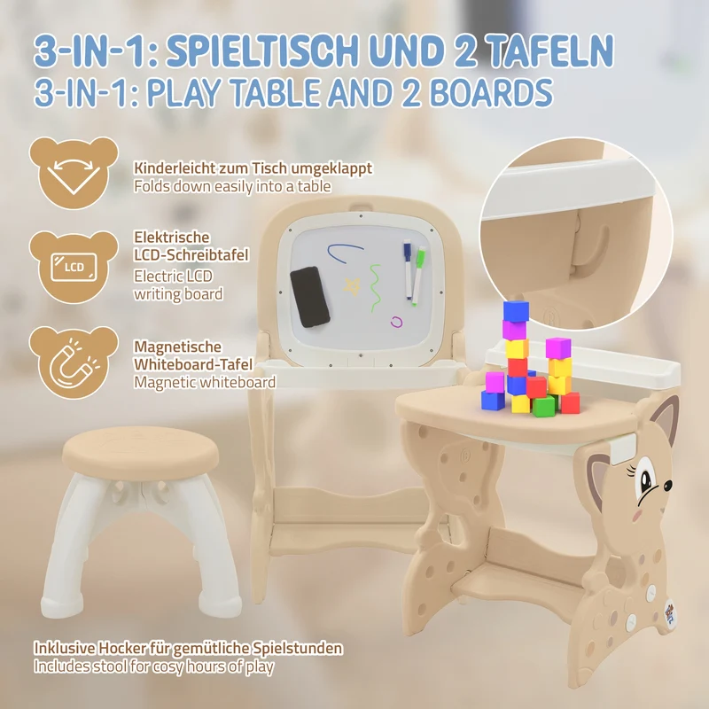 Kindersitzgruppe 3in1 Spieltisch mit 2 Tafeln Kinderhocker und Zubehör Weiß/Braun Joyz