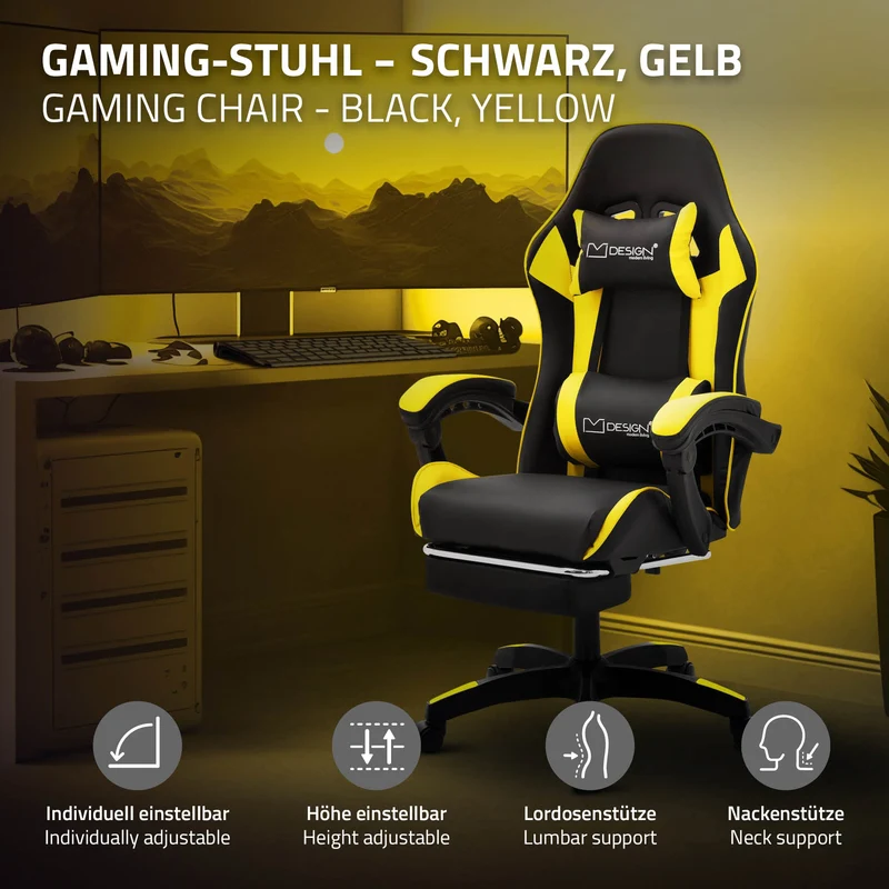 Gaming Stuhl mit Fußstütze und Armlehne Schwarz-Gelb, aus Kunstleder ML-Design