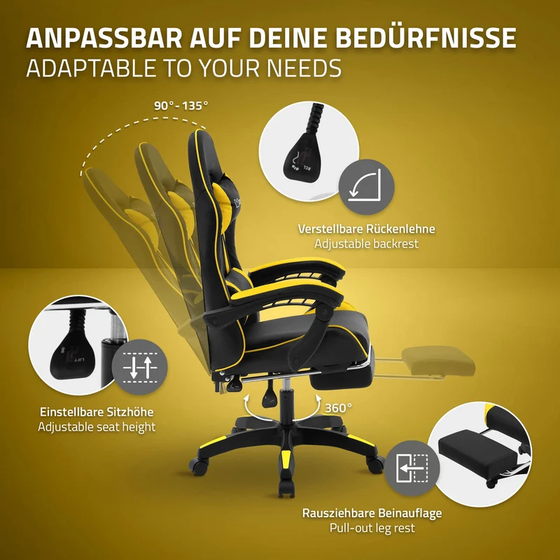 Gaming Stuhl mit Fußstütze und Armlehne Schwarz-Gelb, aus Kunstleder ML-Design