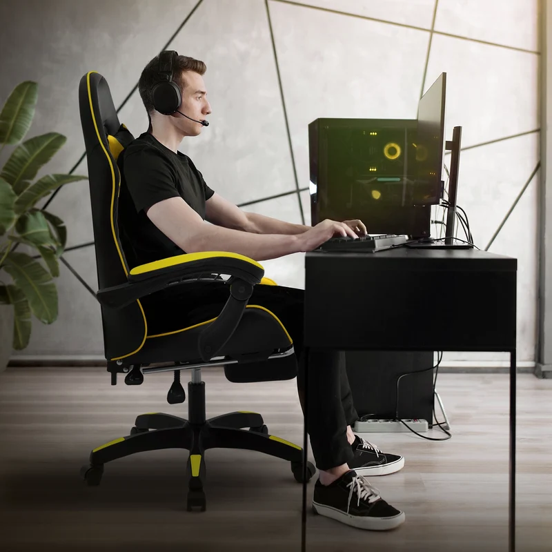 Gaming Stuhl mit Fußstütze und Armlehne Schwarz-Gelb, aus Kunstleder ML-Design