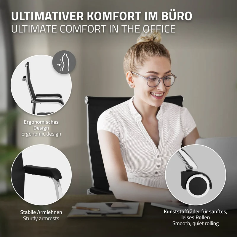 Ergonomischer Bürostuhl mit Armlehnen Schwarz mit Rollen & Wippfunktion ML-Design