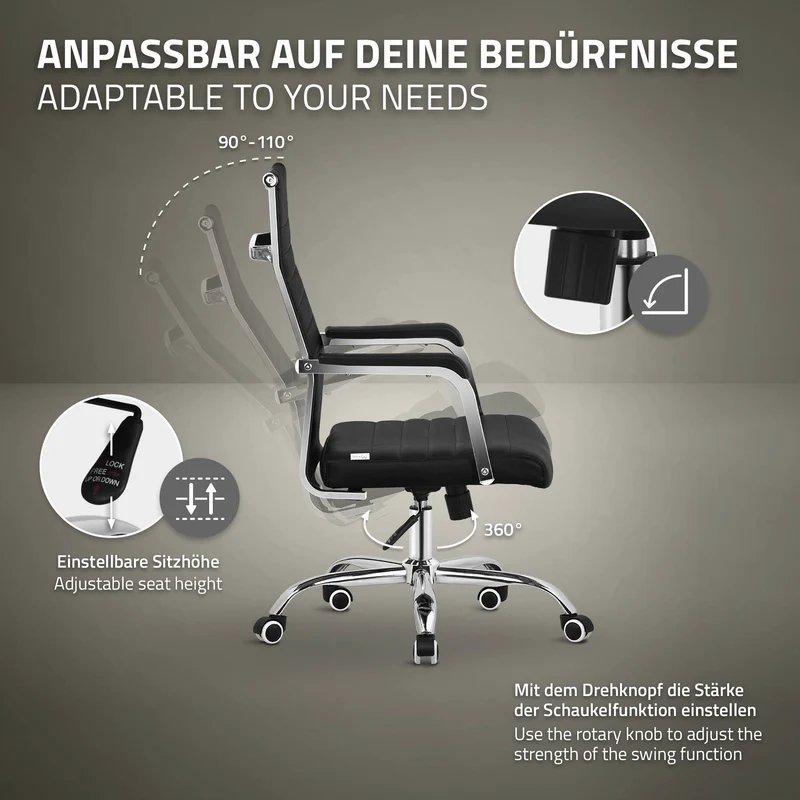 Ergonomischer Bürostuhl mit Armlehnen Schwarz mit Rollen & Wippfunktion ML-Design
