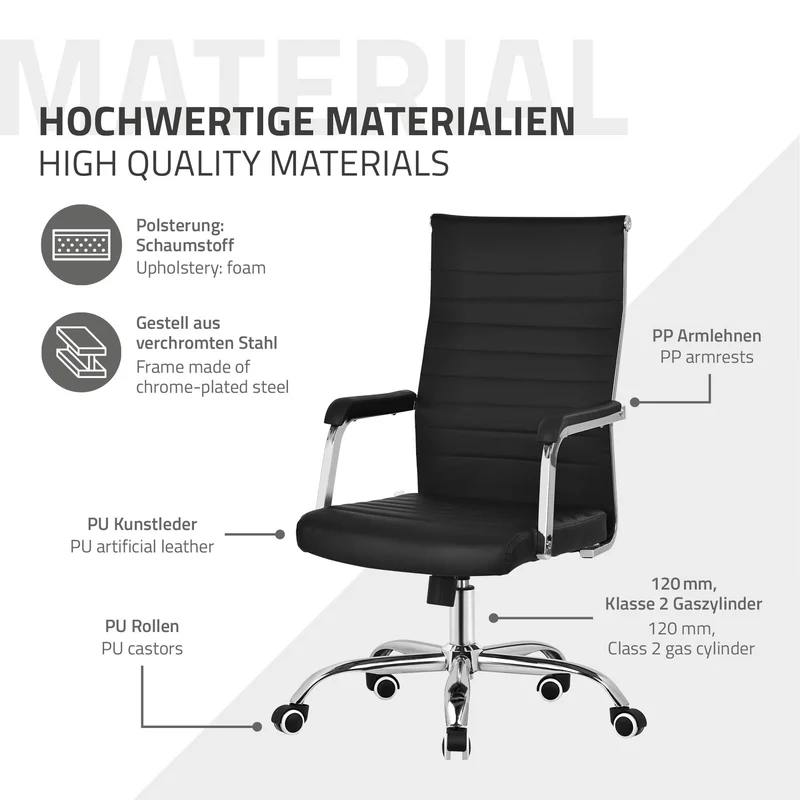 Ergonomischer Bürostuhl mit Armlehnen Schwarz mit Rollen & Wippfunktion ML-Design