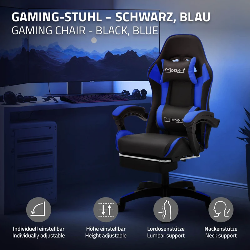 Gaming Stuhl mit Fußstütze und Armlehne Schwarz-Blau, aus Kunstleder ML-Design