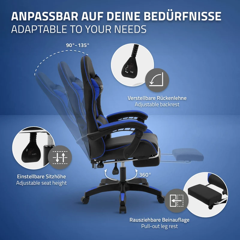 Gaming Stuhl mit Fußstütze und Armlehne Schwarz-Blau, aus Kunstleder ML-Design